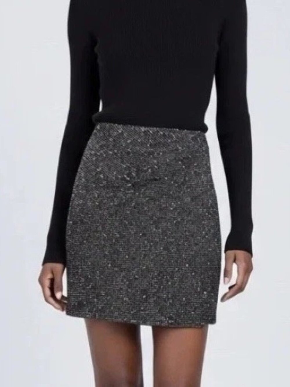 NWT$98 Max Studio Tweed Knit Mini Skirt Black White Elastic Waist New Sz L Large